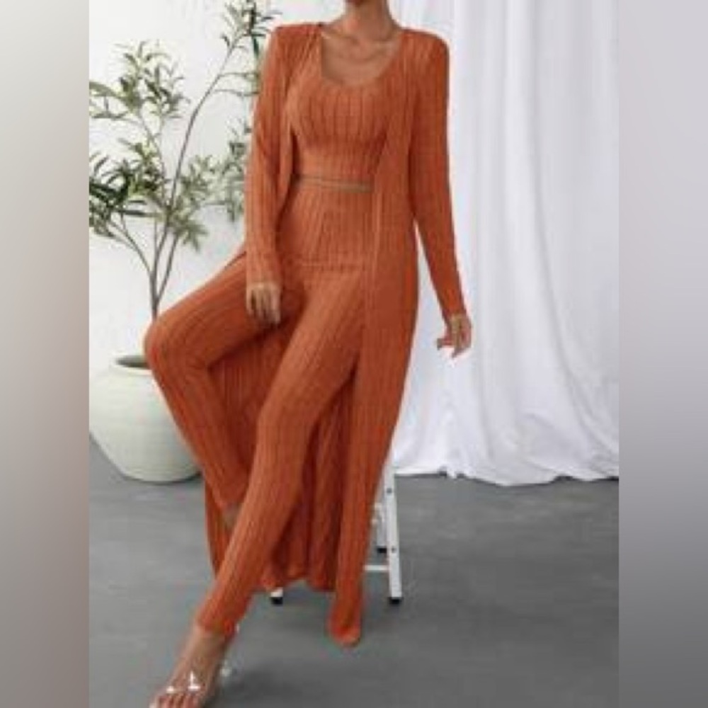 SHEIN Essnce Solid Crop Tank Top & Pants & Cardigan